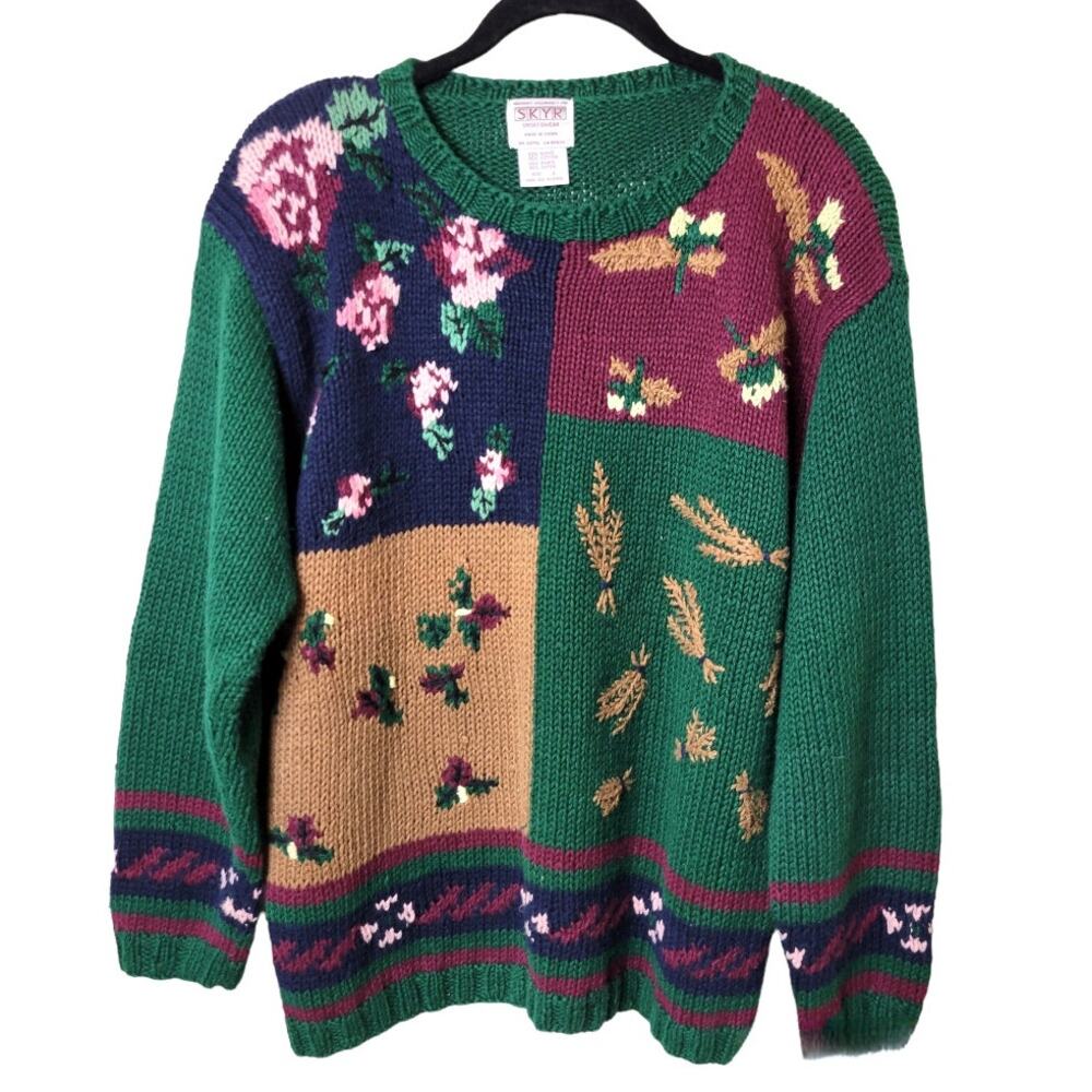 Vintage SKYR Sweater Women's L Hand Knit Floral Patchwork Cottagecore Country